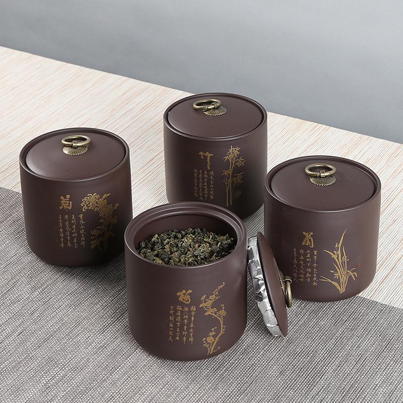 Large Purple Sand Tea Can, Gilt Pu'er Loose Tea, Sealed Jar, Purple Mud Tea Set, Boutique Tea Can.