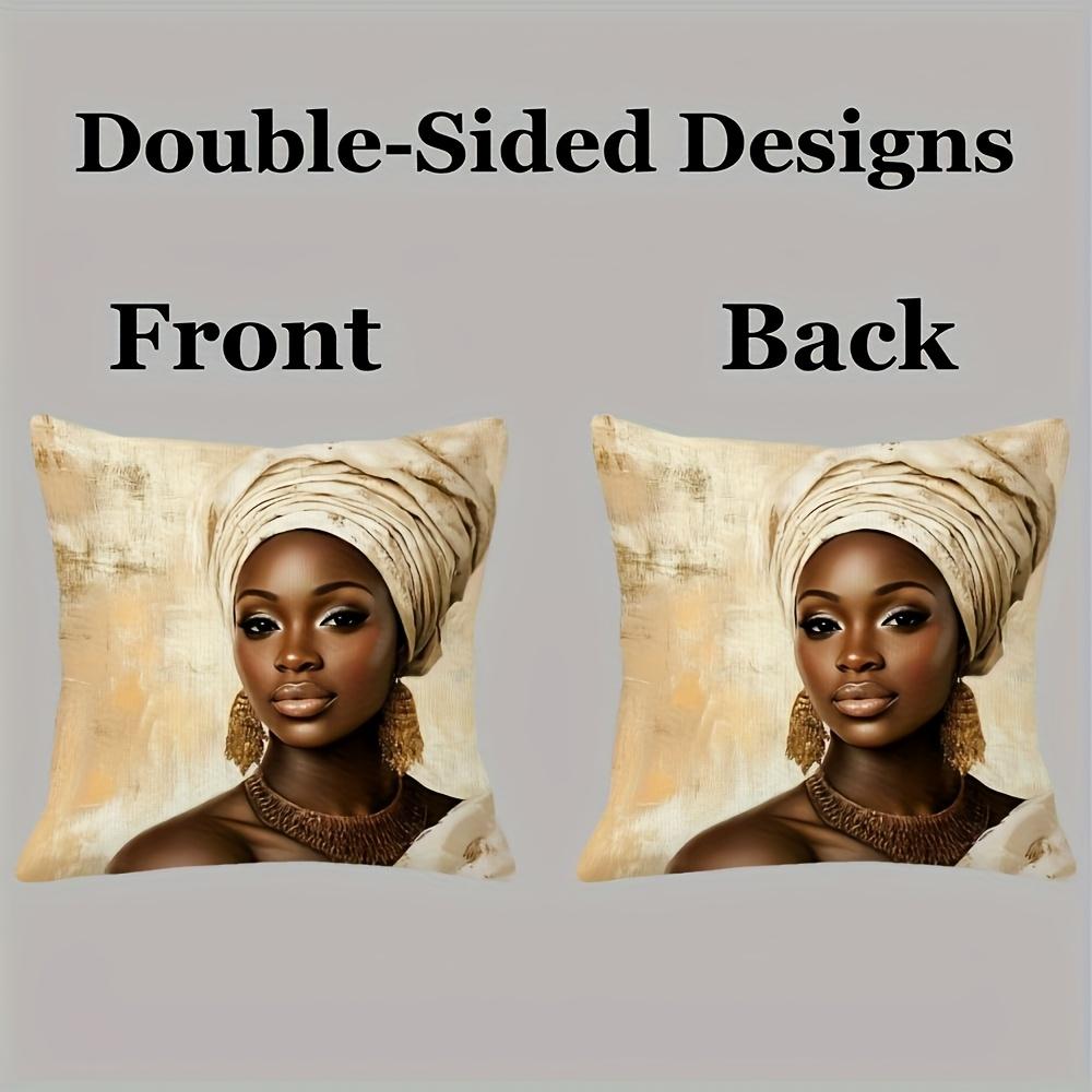Double Sided Stylish African Woman With Golden Jewelry Print Throw Pillow Cover For Sofa And Bedroom Decoration