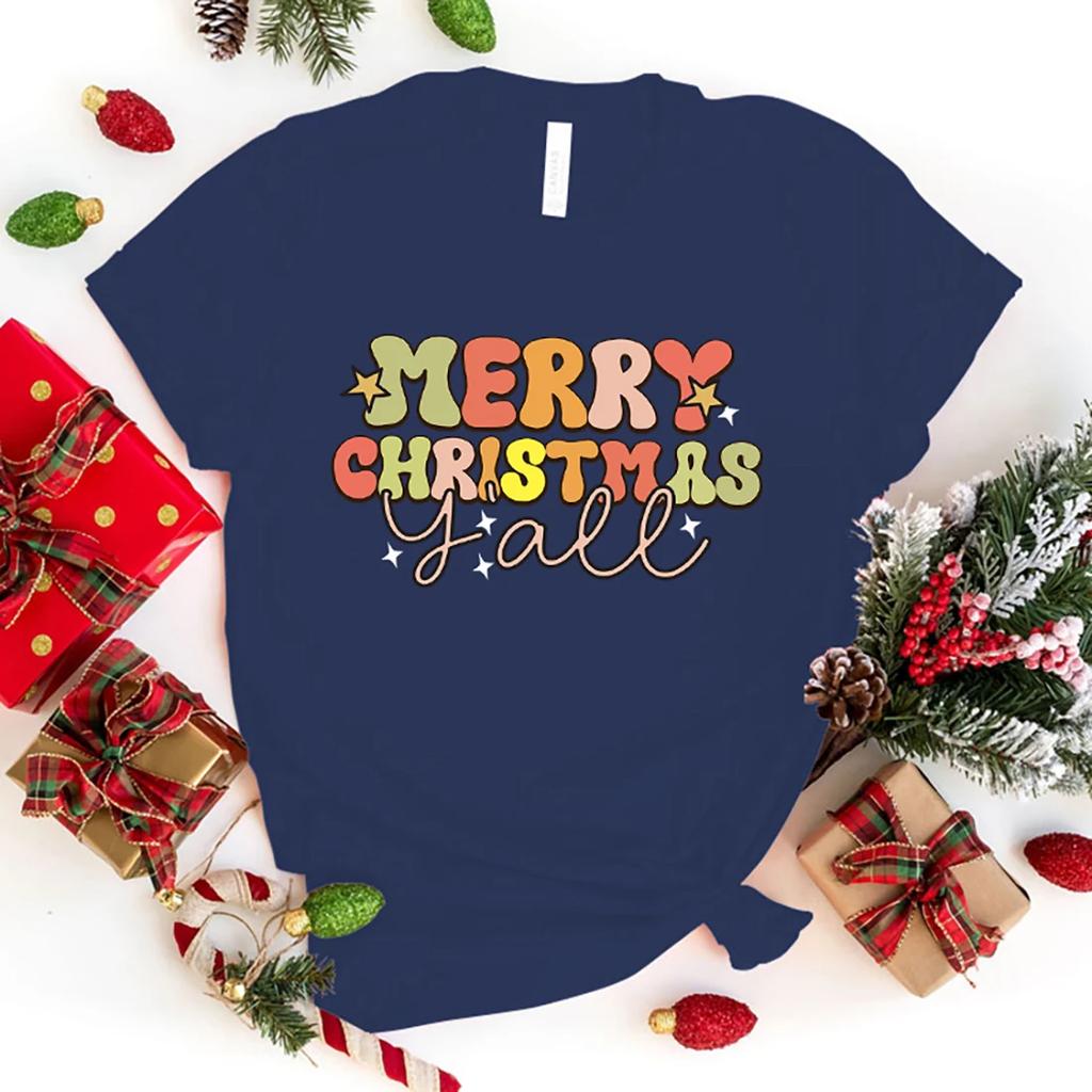 Heißes Frohe Weihnachten Y'all T-Shirt Herren/Damen Lustiges Druck T-Shirt Lässig Cool Streetwear Mode T-Shirt Paar Hip Hop Shirt