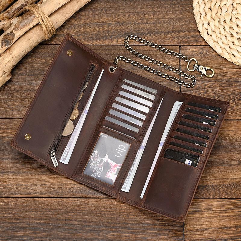 Men'S Crazy Horse Leather Wallet Long Wallet Iron Chain Anti-Theft Clutch Bag Multi-Card Mobile Phone Bag Rfid Wallet Change Bag