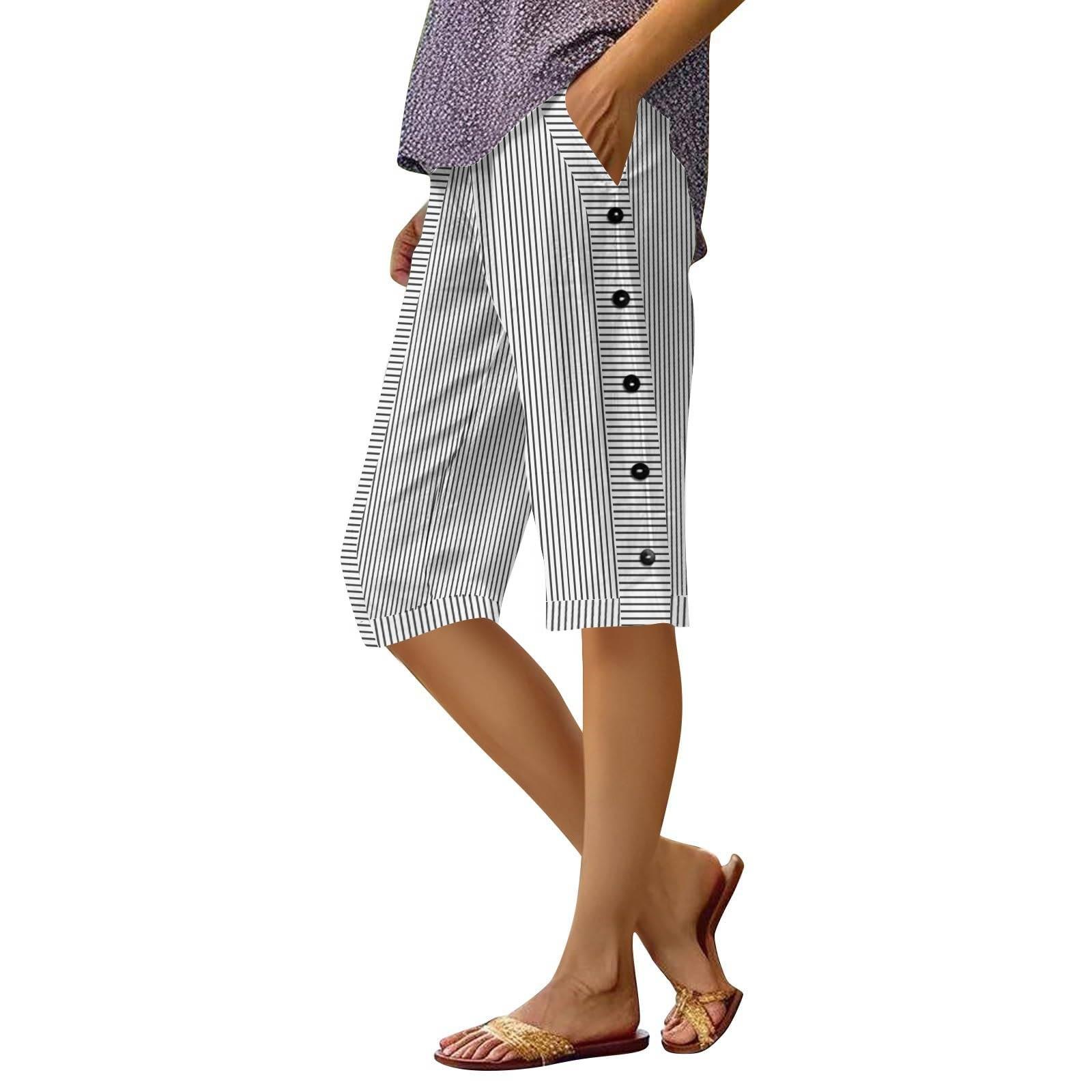 

Женские повседневные полосатые брюки с принтом на боковой пуговице, модные пять брюк, свободные прямые брюки с эластичной резинкой на талии и удобными карманами XL чёрный