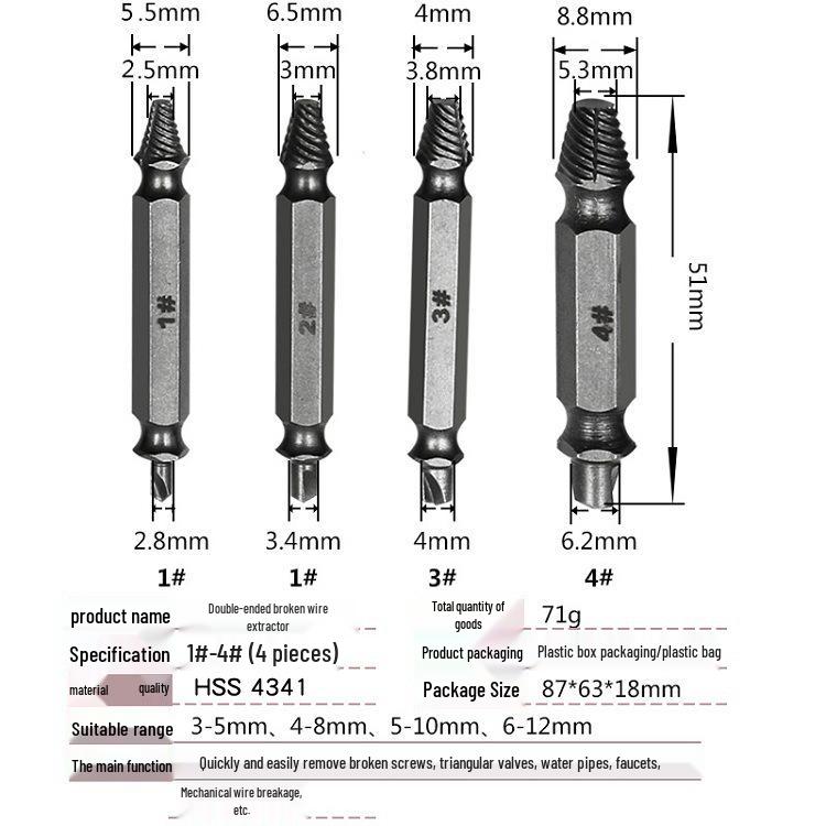 Dual Headed Screw and Bolt Extractor for Damaged or Broken Wires and Screws