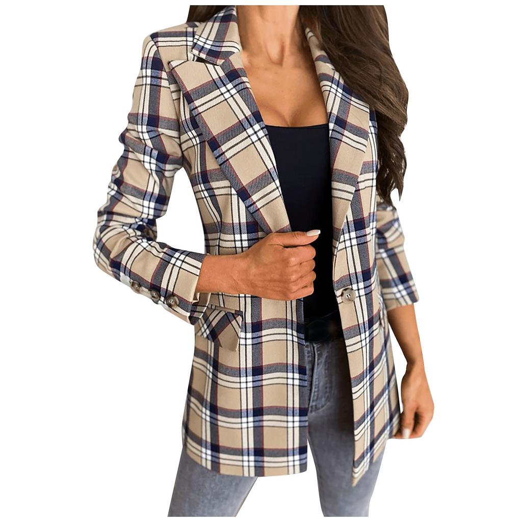 Damen Karomuster Offener Cardigan Formeller Anzug Langarm Bluse Mantel