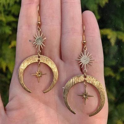 Bohemia Personality Gold Color Stainless Steel Sun Crescent Moon Star Dangle Earrings for Women Charm Jewelry Accessories Gift