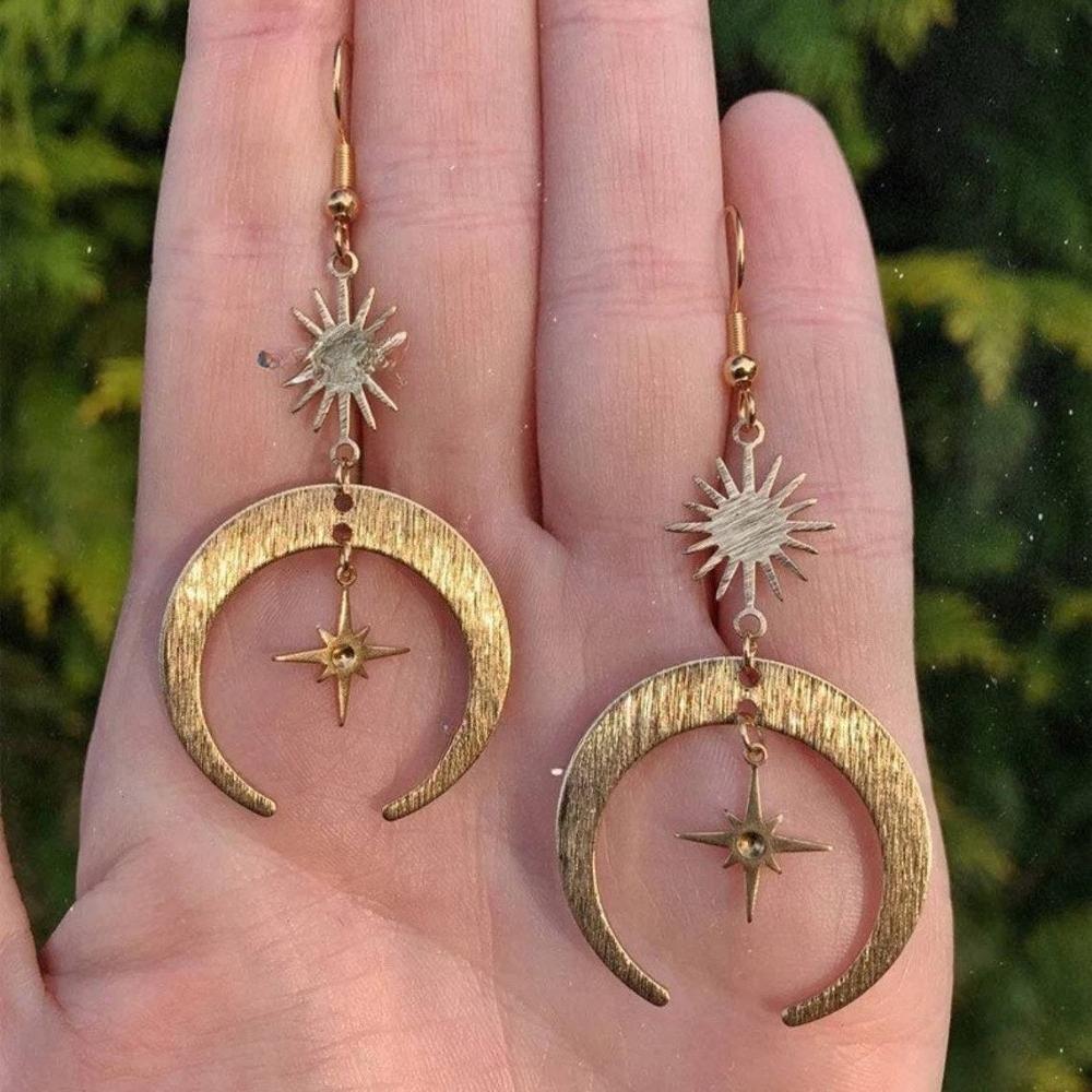 Bohemia Personality Gold Color Stainless Steel Sun Crescent Moon Star Dangle Earrings for Women Charm Jewelry Accessories Gift