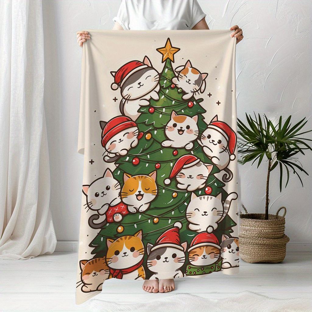 Cozy Christmas Cat Tree Print Flannel Blanket Soft Warm Throw For Naps Travel And Home Decor Holiday Gift For Family And Friends