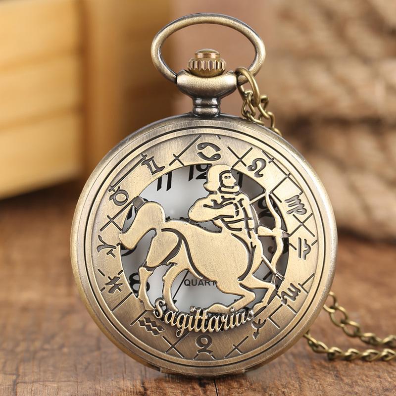 12 Constellation Astrology Zodiac Retro Pocket Watch Bronze Necklace Pendant Mens Women Hollow Flip Cover Quartz Christmas Gifts