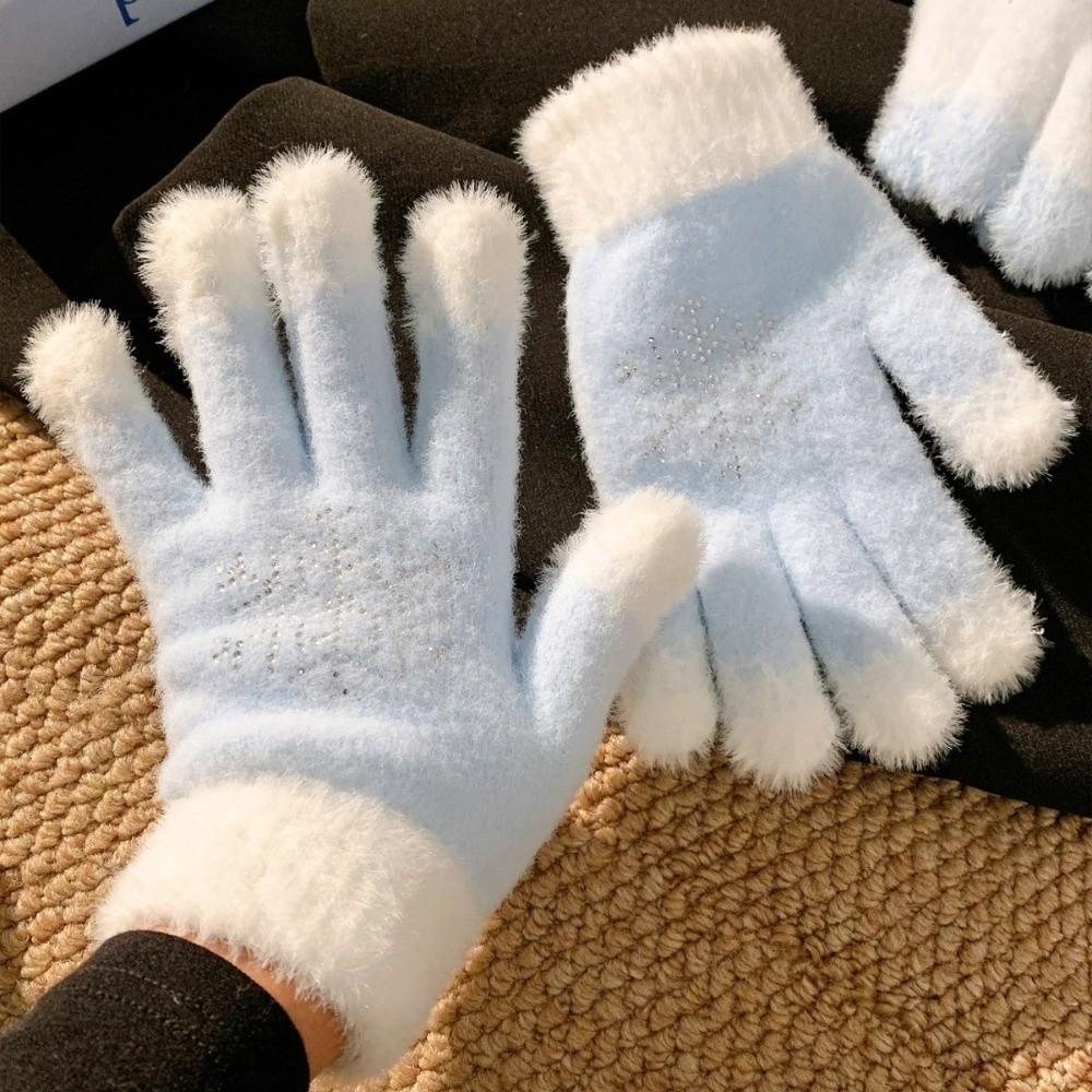 Rhinestone Snowflake Knitted Gloves Full Finger Thick Warm Winter Gloves  Cold Weather