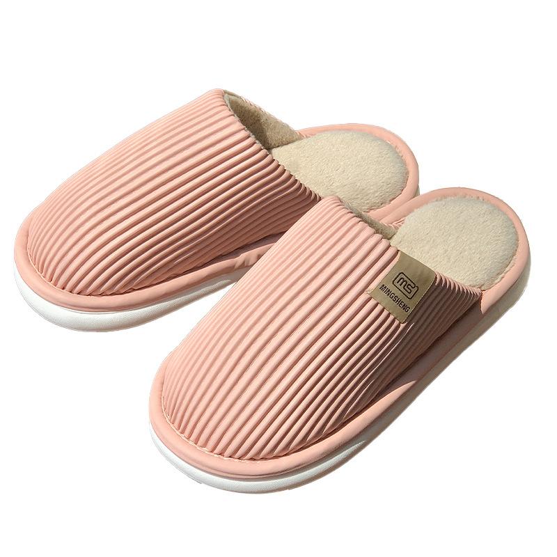 Light luxury striped cotton slippers autumn and winter indoor home velvet warm couple floor waterproof and non-slip slippers