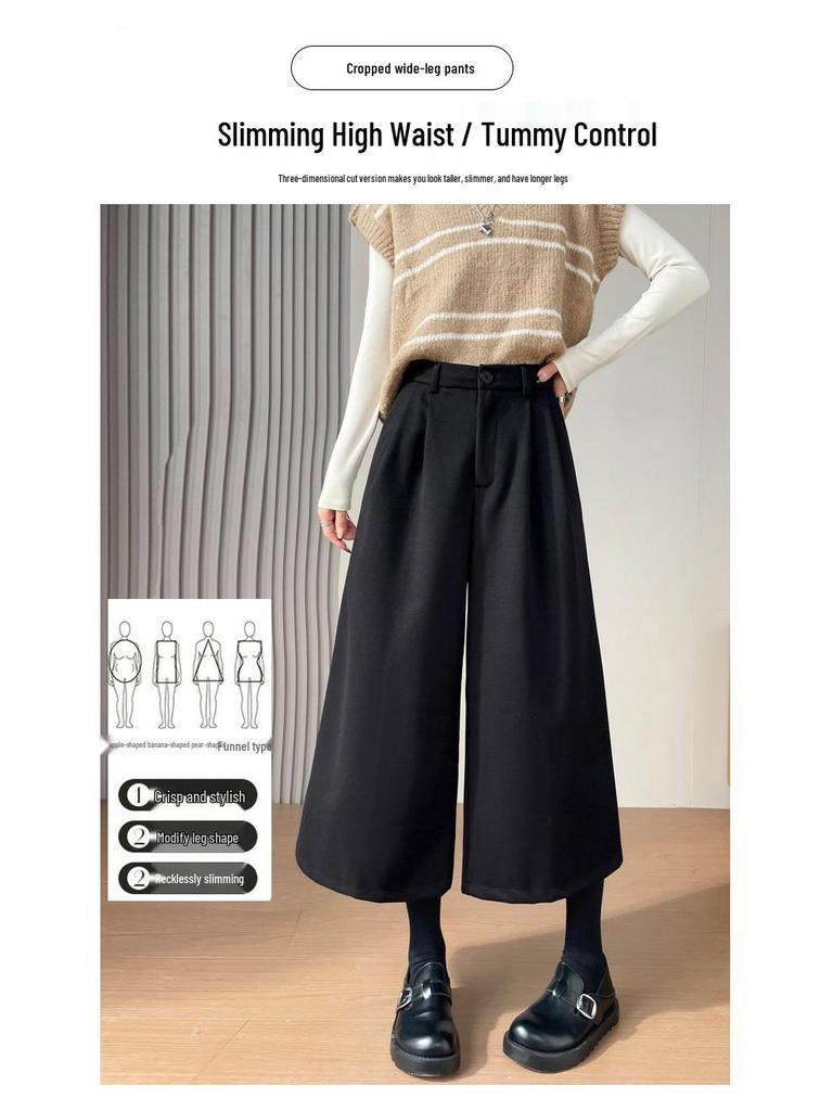 Women's Gray Wool High-Waist Wide-Leg Cropped Pants - Loose Fit, Slimming, Pear Shape, Casual Wear for Spring and Autumn
