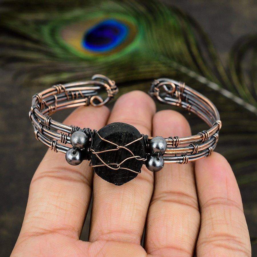 Natural Black Tourmaline Gemstone Copper Wire Wrap Cuff Bangle Adjustable B0s64