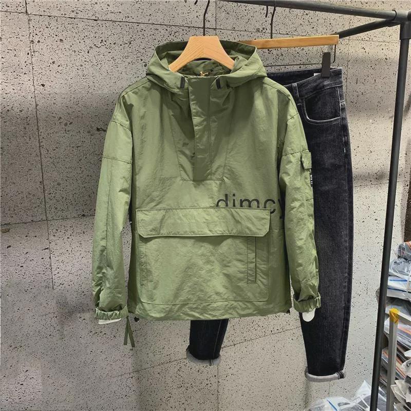 Japanese Style Casual Solid Color Hooded Jacket with Trendy Printed Lettering for Men