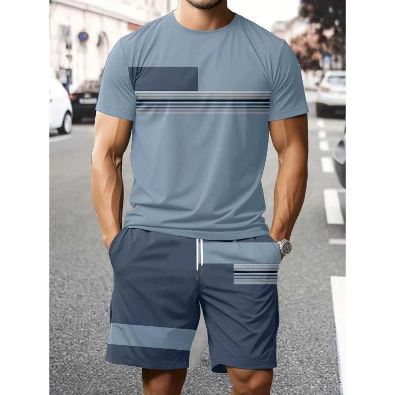 Summer  Arrival Men's Casual Two-Piece Set Striped Print Short-Sleeve Shirt and Athletic Shorts Set