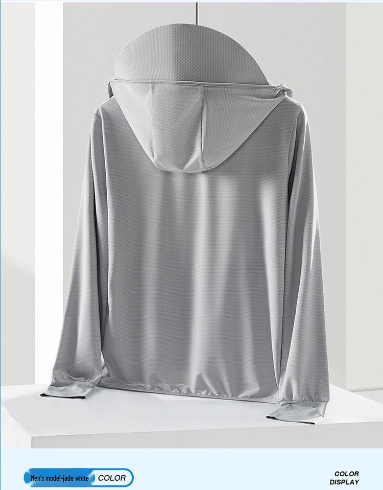 UPF50+ Printed Ice Silk Sun Protection Jacket with Detachable Hood for Men & Women – Breathable, Anti-UV.
