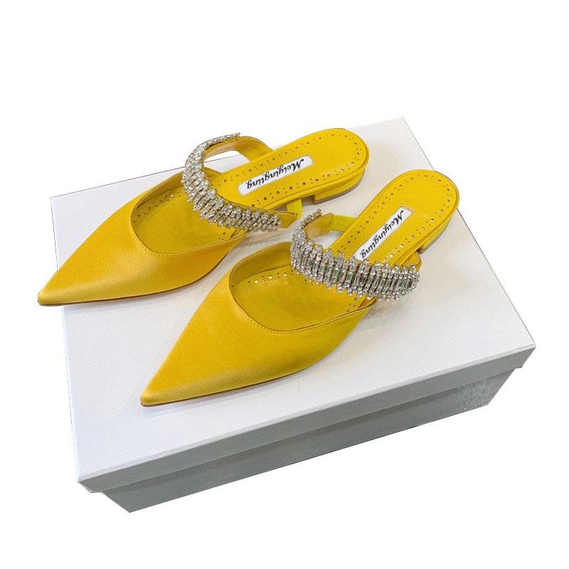 Fashion Women's High Heels Temperament Baotou Silk Rhinestones Muller Slippers Pointed Stiletto Pumps