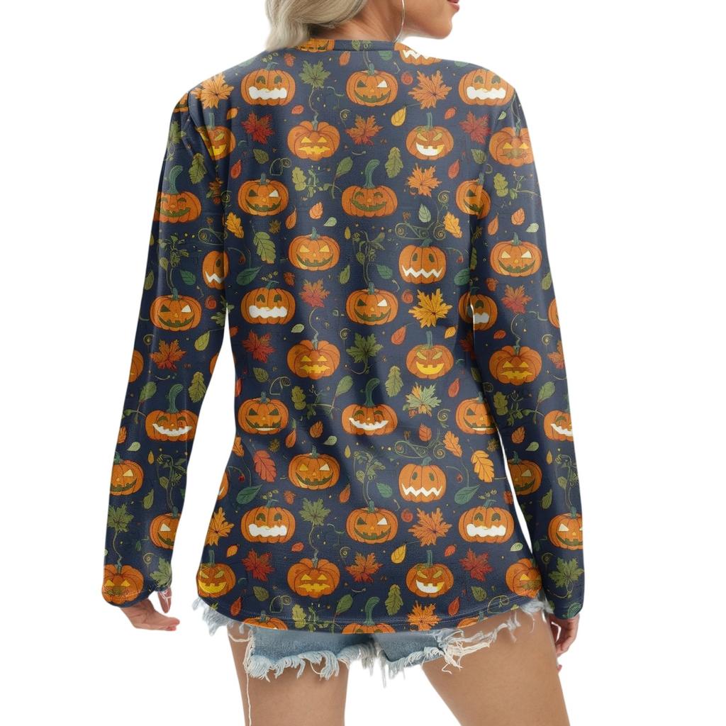 Women's Casual Fashion Sexy Comfort Halloween Printed V-Neck Button Long Sleeve