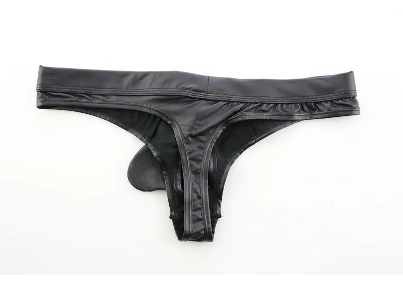 Sexy Men'S Panties Exotic Button U Bulge Pouch Cock Ring Man Briefs Low Waist Pu Faux Leather T-Back Thong Lingerie Panties