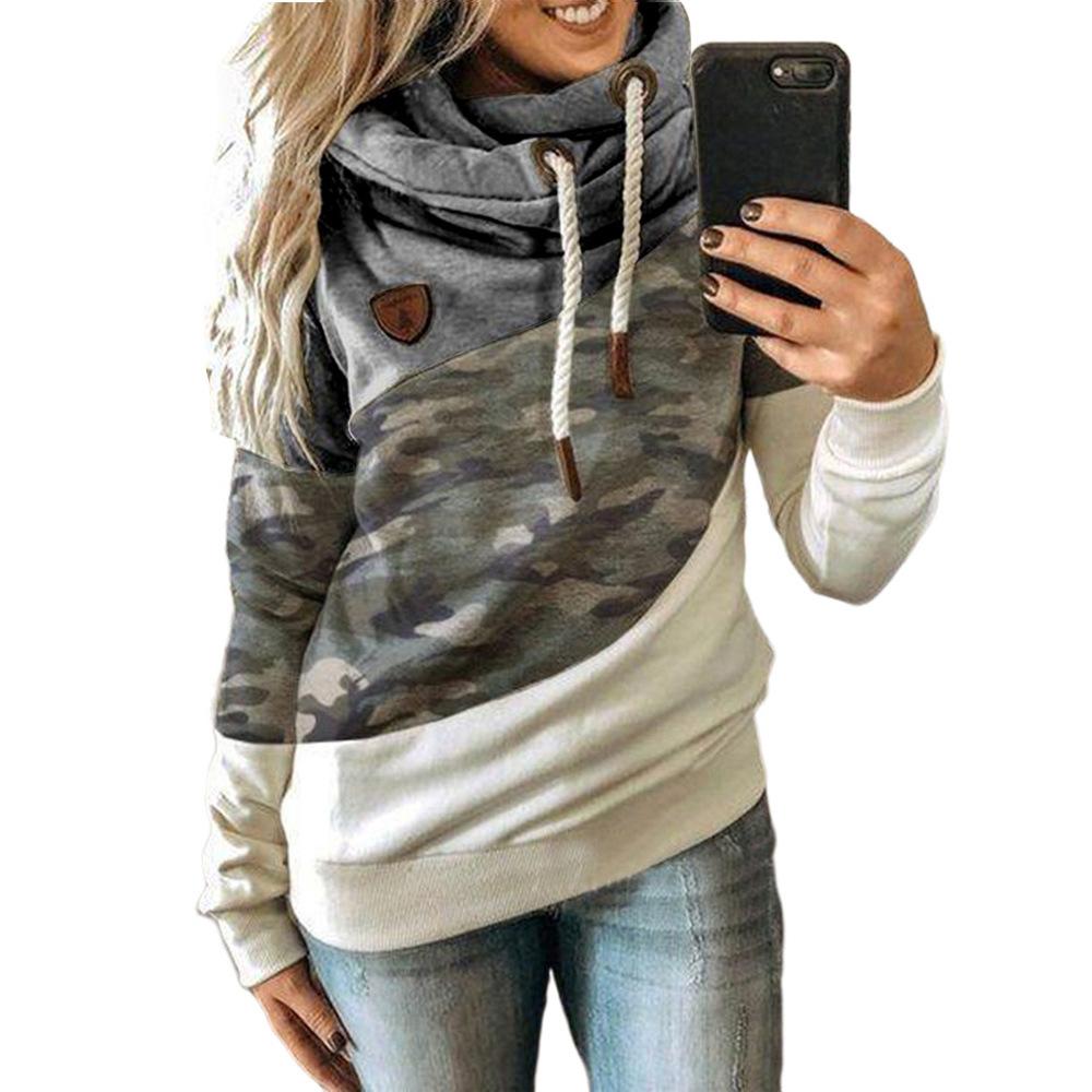 Frauen Leopardenmuster Patchwork Hoodie Kordelzug Rollkragen Kapuzenpullover Sweatshirt