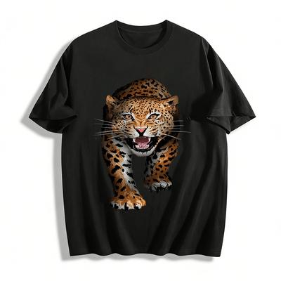 Fierce Roaring Leopard Print Trendy Casual Loose Crewneck T-Shirt Pure Cotton T-shirt