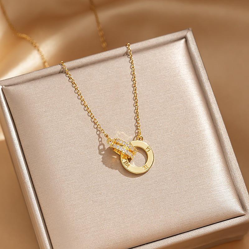 Exquisite French Minimalist Double Ring Diamond Clavicle Necklace for Women
