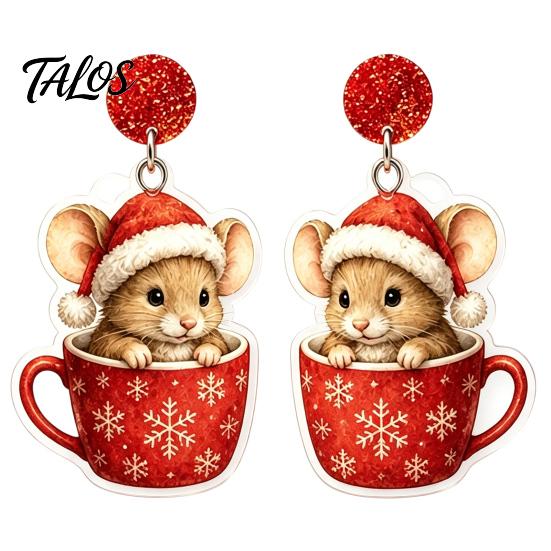 Holiday Party Accessories 1 Pair Cute Christmas Mouse Acrylic Earrings, 2D Flat Cartoon Animal Dangle Earrings Drop for Women, Glitter Star