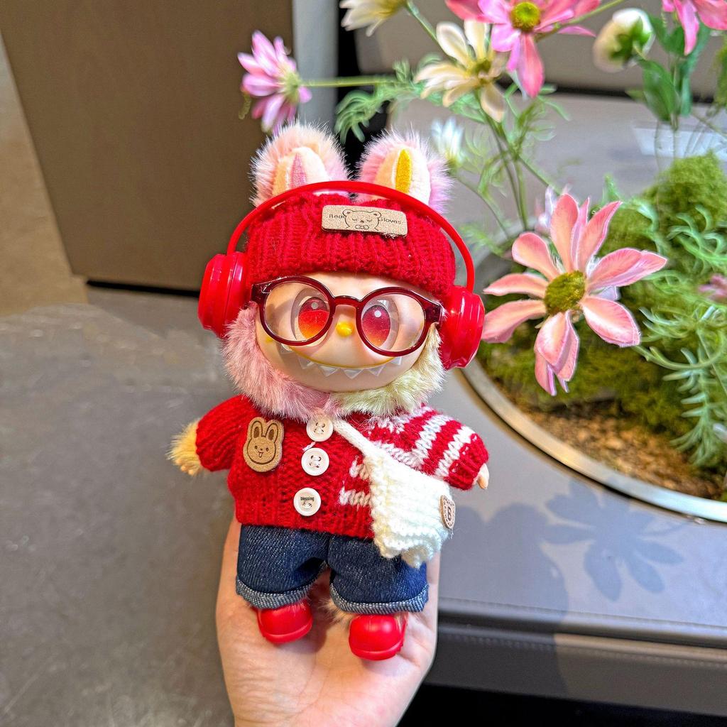 First to Third Generation Labubu Doll 17cm Red Knitted New Year Sweater with High Energy Design