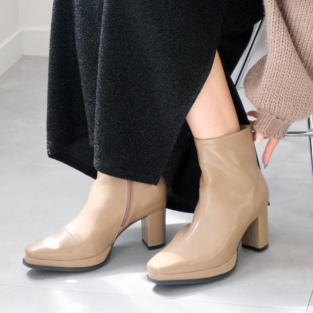 [AmiAmi] Square Toe Boots, 8cm Heel Boots, Leg-Lengthening, Stylish, Black (Brown (Smooth), 23.0cm-23.5cm) SY205