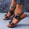 Round Headed Leather Ladies' Sandals Flat Casual Beach Shoes Comfortable Footwear with Metal Decoration for Women