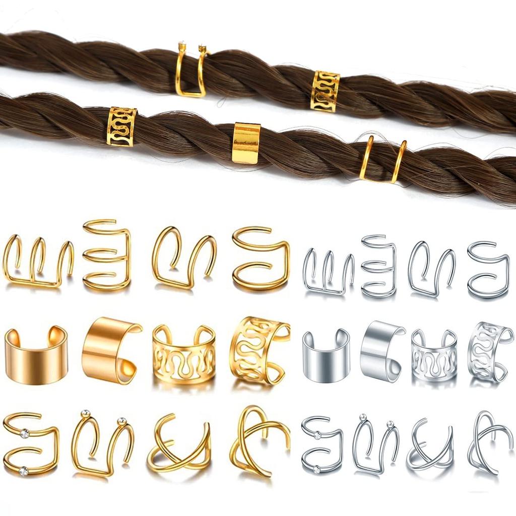 24 Pcs Gold Silver Hair Braids Dreadlock Non-Piercing Ear Clip Beard Beads Cuffs Clip Hair Accessories Styling Fashion Jewelry Gift Toos for Women