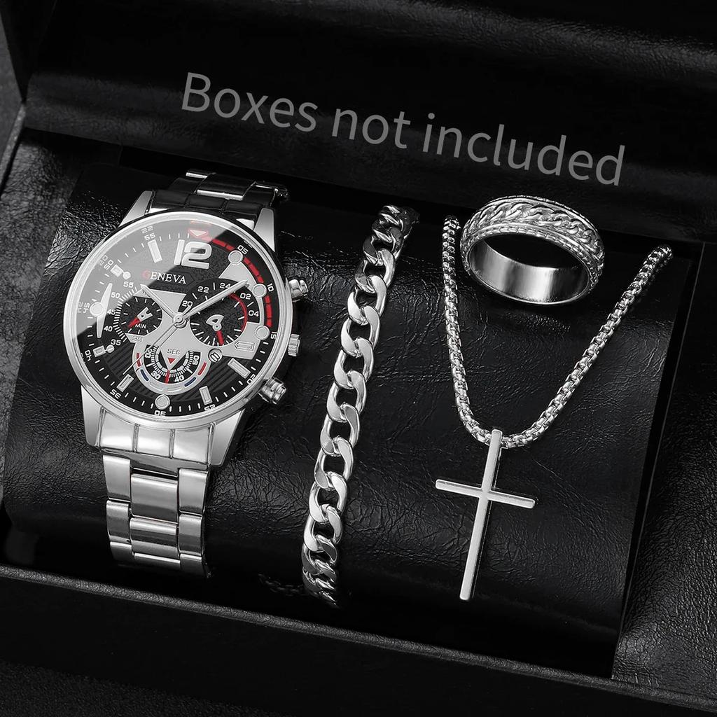 4pcs-trendy Hip-hop Men's Business Watch Bracelet Ring Set, Analog Mechanical Watch Quartz Watch Men's Clock (no Box)