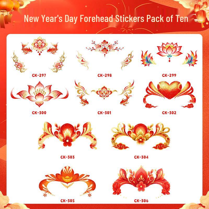 New Year Glitter Tattoo Stickers for Kids: Non-toxic, Easy to Clean, High-End, Cute Forehead Designs.