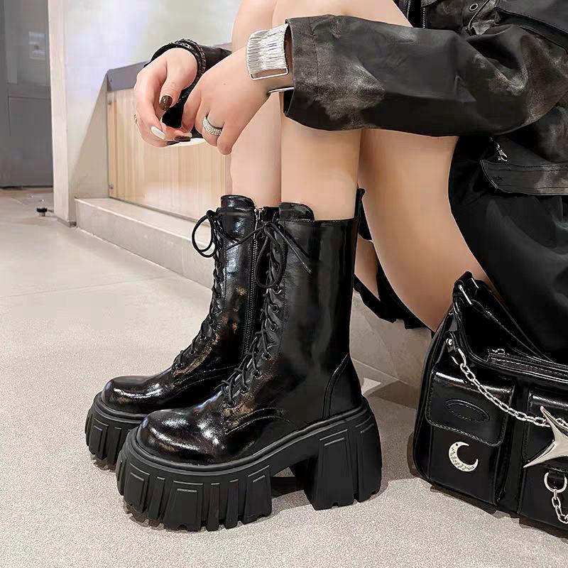 2025 new British black short boots small height increase thin boots single boots 9CM thick heel thick sole Martin boots women