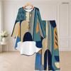 Women Plus Size Two Piece Set Round Neck Long Sleeve Plaid Printed Orange High Low Top Wide Leg Pants