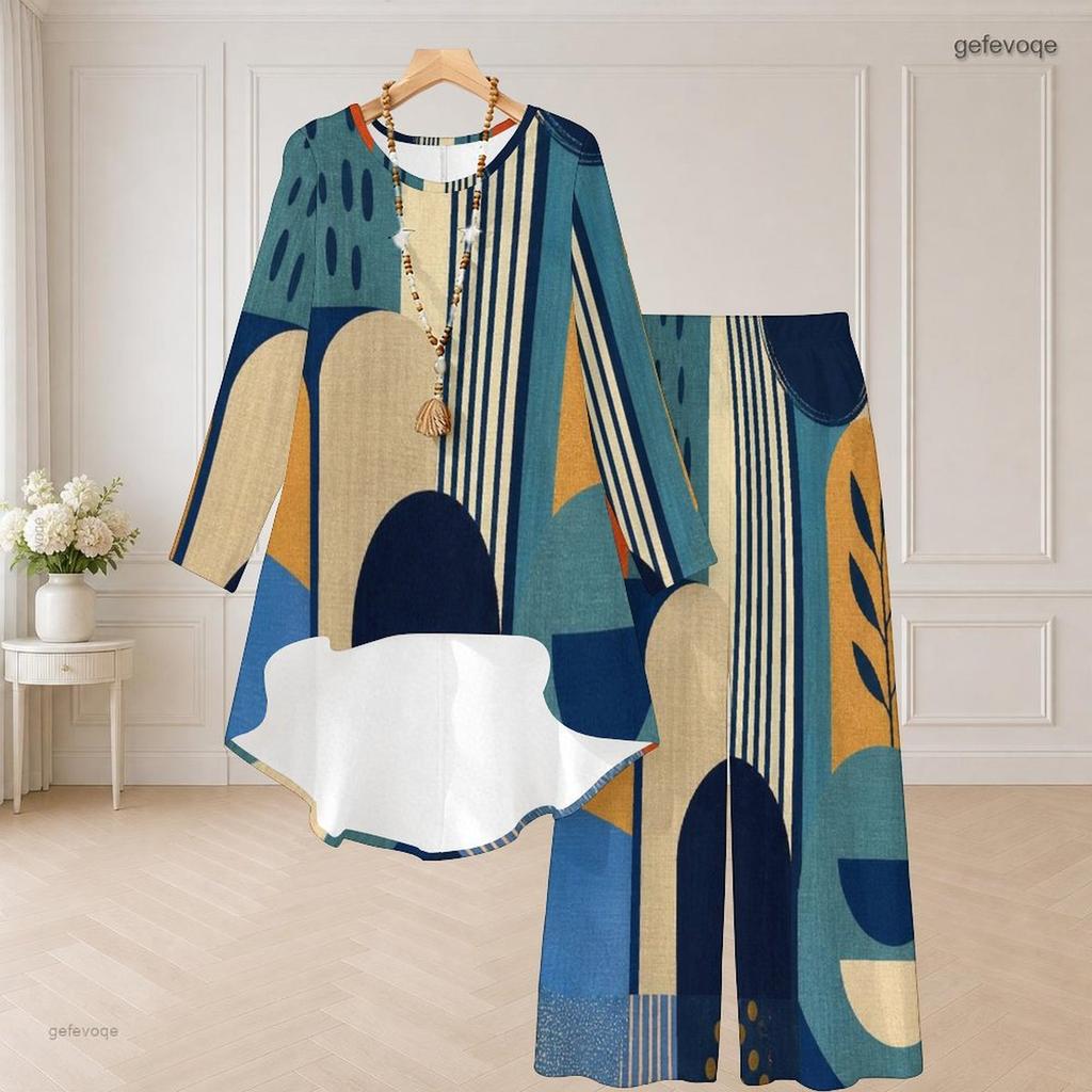 Women Plus Size Two Piece Set Round Neck Long Sleeve Plaid Printed Orange High Low Top Wide Leg Pants