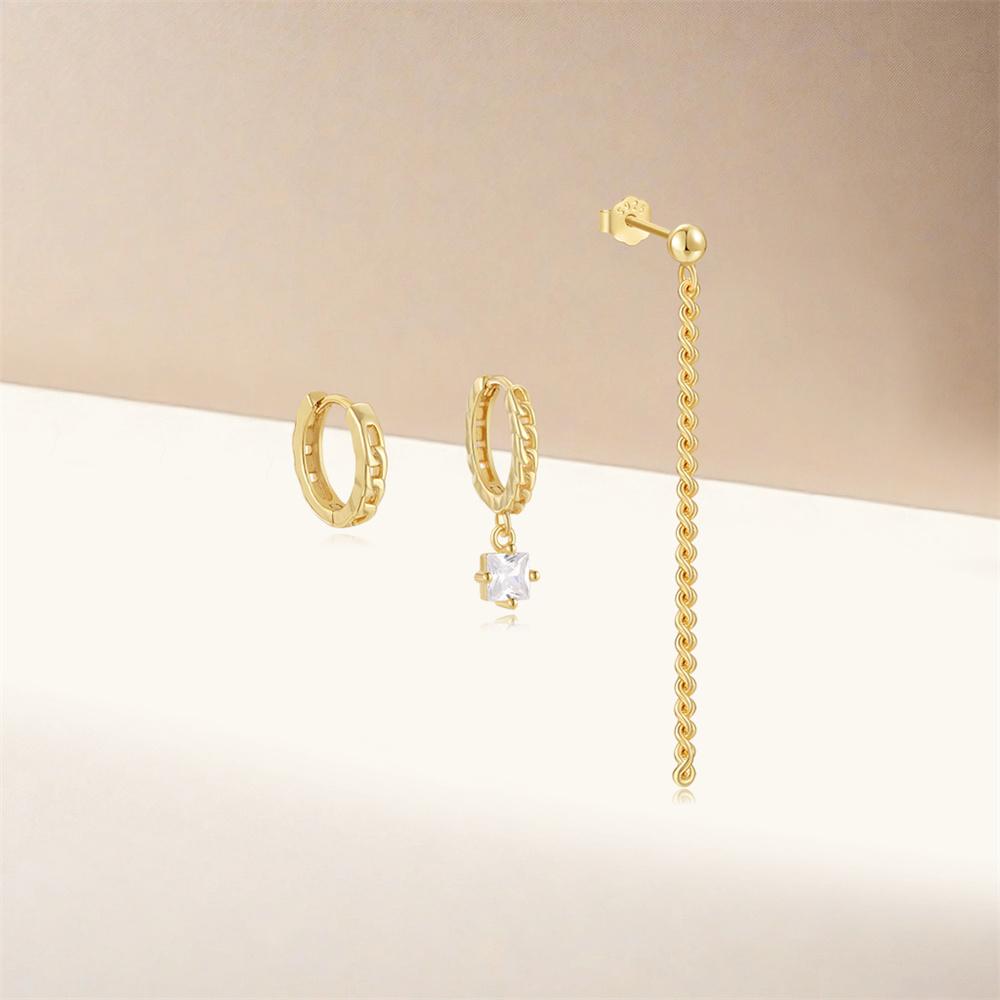 Fashion Jewelry 925 Sterling Silver Round Long Tassel Chain Square Zircon 3 Piece Set Gold Plated Hoop Earring Jewelry for Women