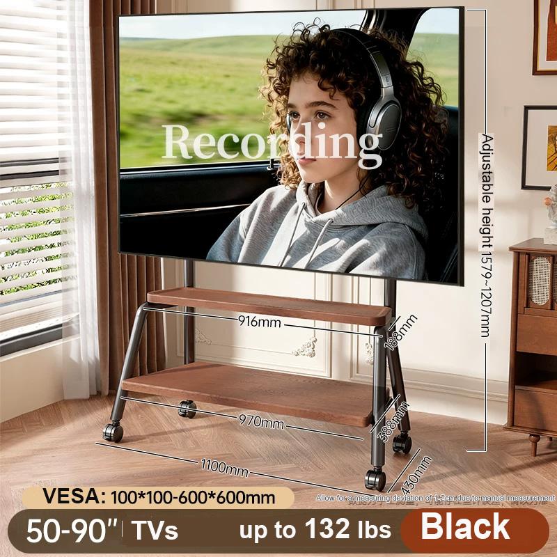 Mobile TV Stand Rolling TV Cart with Wheels for Most 32-90 Inch TV Stand with Double Wooden Shelf Height Adjustable Heavy-Duty