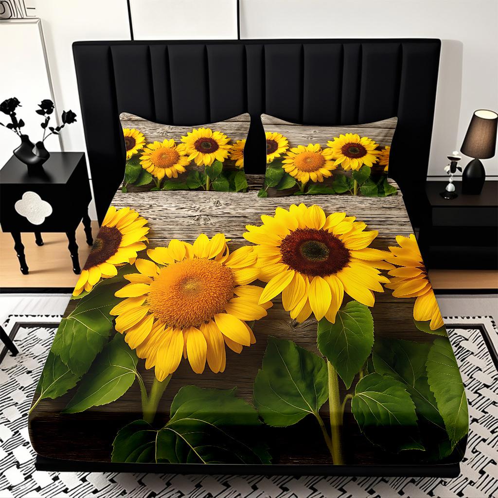 Home Textiles Sunflower Pattern 3D Digital Printing Sanded Sheet Three-Piece Set, Pattern