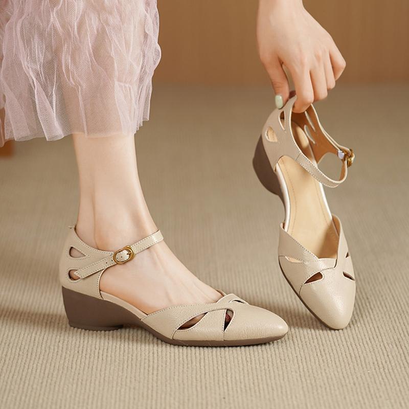 Fashion NEW Summer Women Sandals Genuine Leather Shoes for Women Pointed Toe Chunky Heel Shoes Cover Toe Cover Heel Buckle Strap Sandals