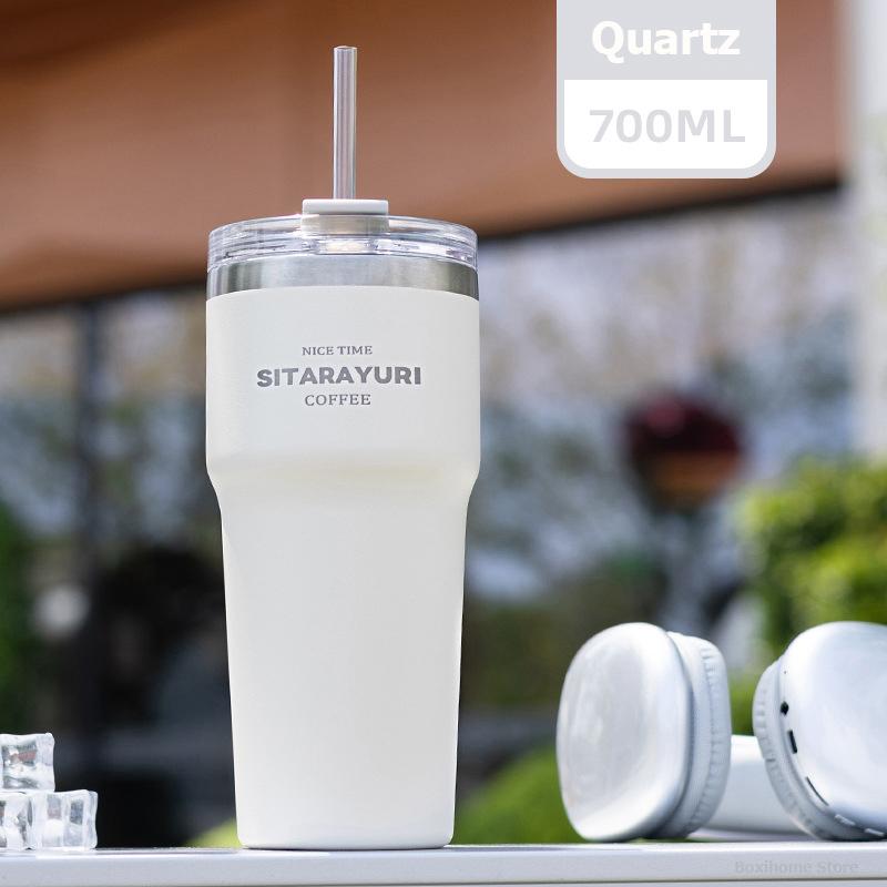 700ML Double Drink Insulation Cup Stainless Steel Straw Thermos Water Bottle Portable Large Outdoor Coffee Thermal Car Ice Mug