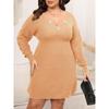 Plus Size Women's Clothing Autumn Winter New V-Neck Knitted Sweater Dress Hand-Crocheted Flower Patchwork Waist Dress