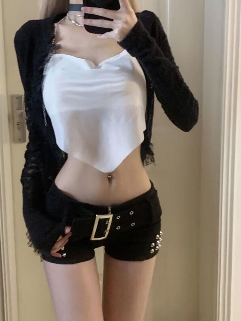 

Летние джинсовые шорты А-силуэта с низкой посадкой и заклепками для женщин – Облегающие, подчеркивающие бедра, тренд горячей девушки S чёрный