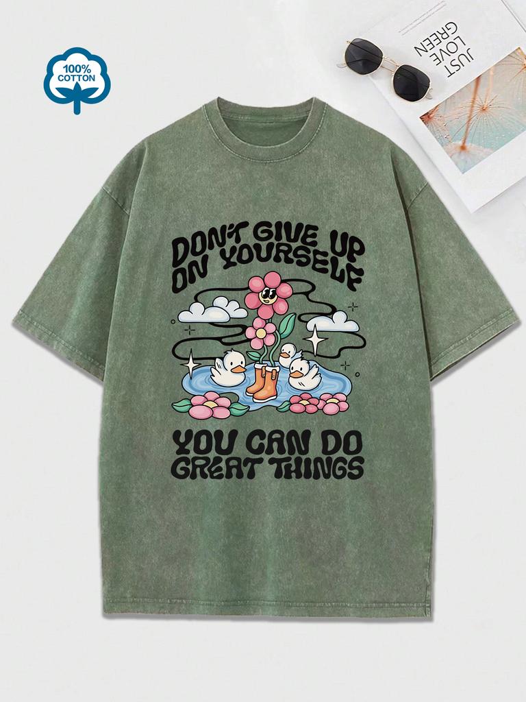 No Te Rindas Contigo Mismo Patos Felices Nadando Estampado Camisetas Lavadas Mujer Algodón Hip Hop Camisetas Tops de Verano Ropa Holgada
