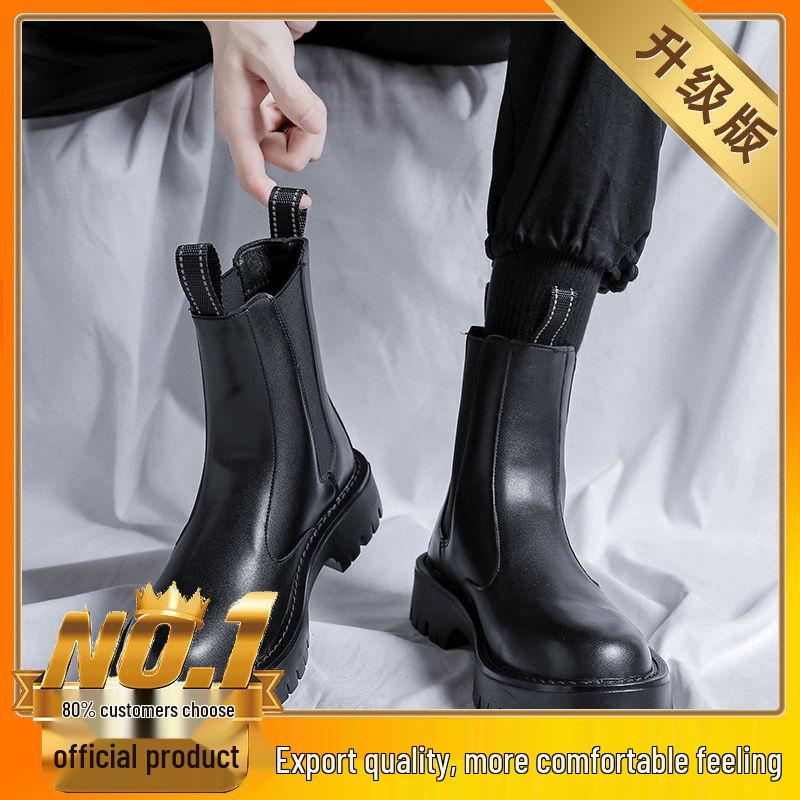 Men's Waterproof Black Leather Chelsea Boots – Winter, Non-Slip, High-Top, British Style.