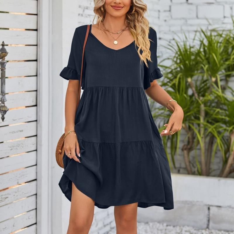 Short Sleeve V-neck A-line Summer Dress Women Elegant Pleated Loose Casual Dress Fashion Party Holiday Short Dresses Female 337
