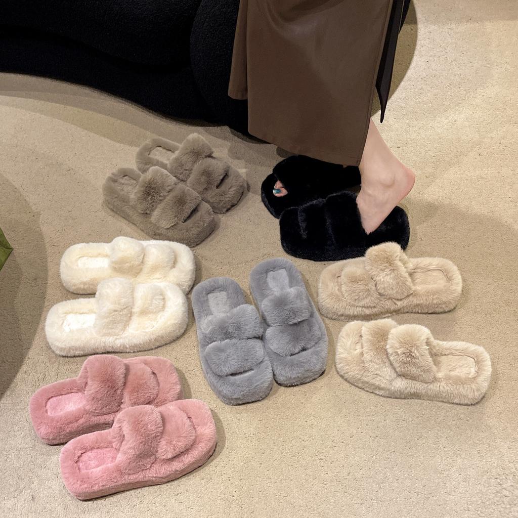 High-end large-size one-word fluffy slippers for women's 2025 autumn and winter new outer wear thick-soled small cotton slippers