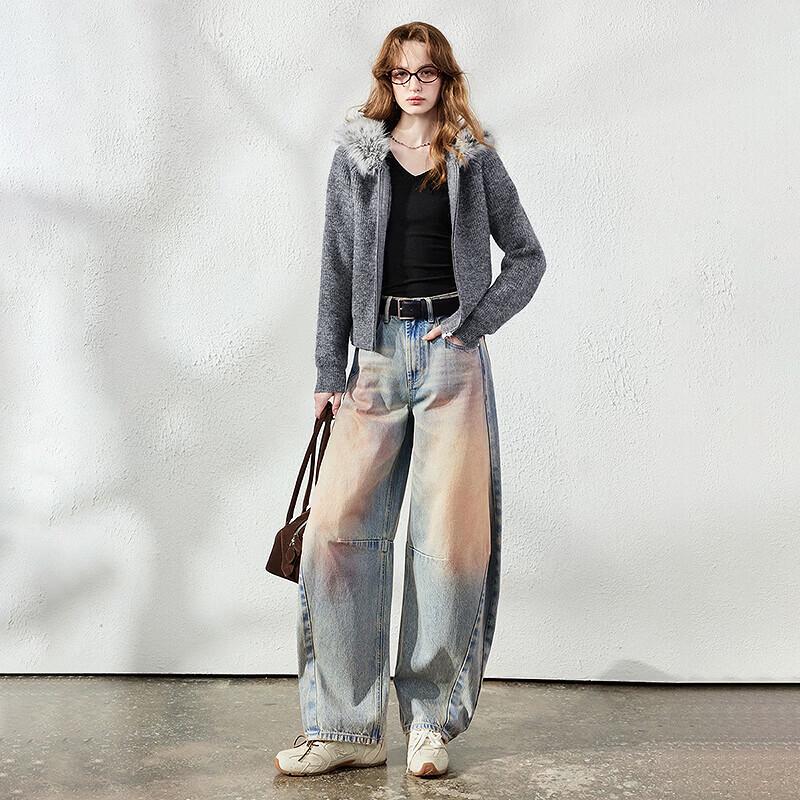 Women's Wool Blend Hooded Knit Cardigan with Faux Fur Collar