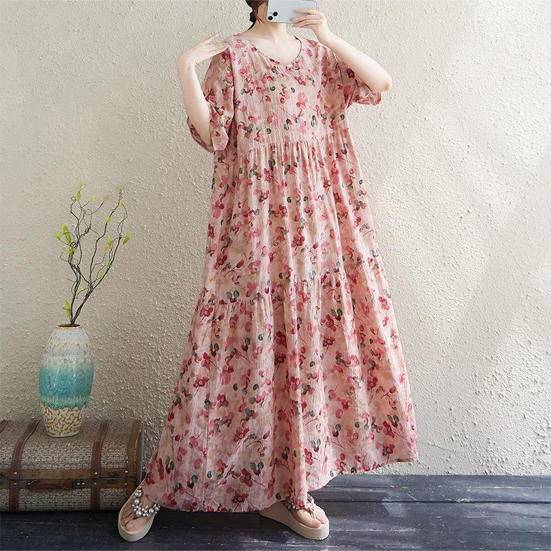 The Real Shot Is Summer Thin Cotton and Linen Fat Mm Round Neck Short-sleeved Vacation Style Loose and Thin Cake Skirt Big Swing A-shaped Skirt