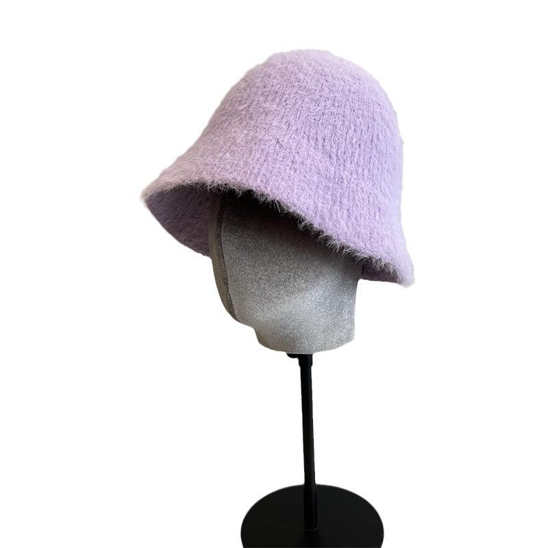 New Imitation Mink Knitted Vertical Striped Bucket Hat Women's Simple Solid Color Warm Fisherman Hat Trendy