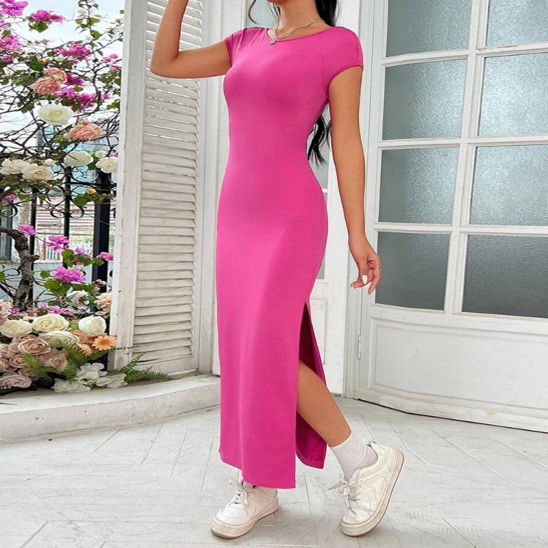 

Летнее женское платье с круглым вырезом и коротким рукавом с открытой спиной, высокой талией, тонкое, удобное, с разрезом на бедрах, с запахом, повседневное модное платье больших размеров, сплошное цветное длинное платье XL