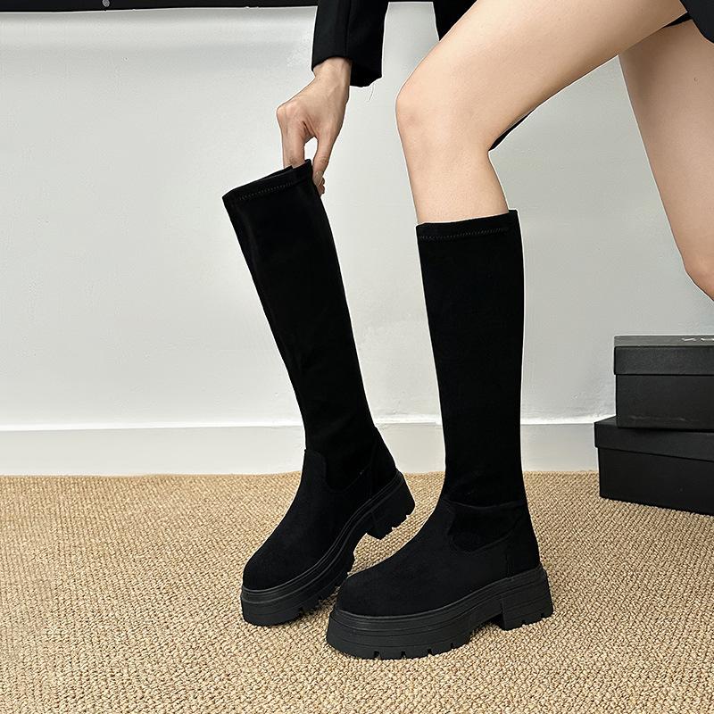 Retro tykksålede høydeøkende slanke støvletter dame små høye støvletter men knehøye støvletter britisk stil støvletter med glidelås bak